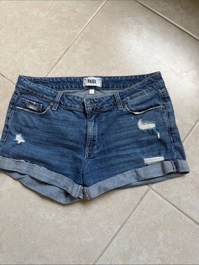 PAIGE Medium Blue Distressed Rolled Hem Denim Shorts